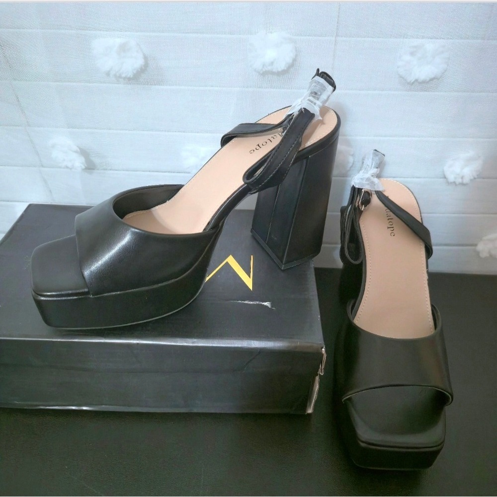 Modatope Women Black Platform Sandals Square Toe Chunky Block Heel Slingback 9.5